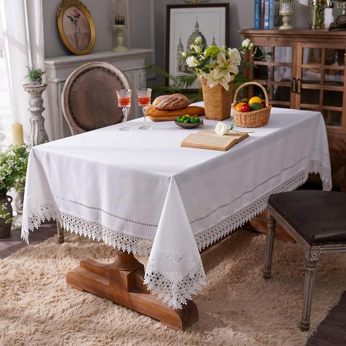 ARTABEL Cut Work Table Cloths with Lace Laser Die-Cut Exquisite Vintage Shabby Chic for Holiday Wedding Long Dinner Tables (Offwhite, 60 x 104 Inch)