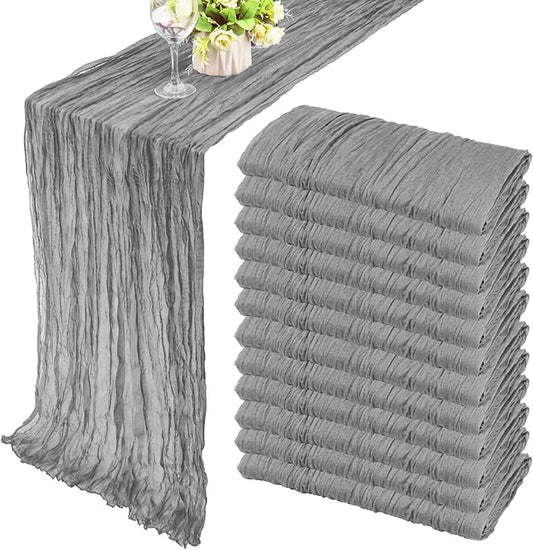 12 Pack 10Ft Cheesecloth Boho Gauze Table Runner - 35x120 Inch Rustic Cheese Cloth Long Table Runner for Wedding, Bridal Shower, Birthday Party Decor (Gray)