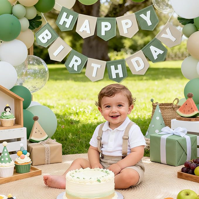 Felt Green Khaki Happy Birthday Banner Birthday Decorations for Women Girls Boys Men Pets Handmade Party Backdrop