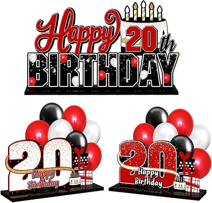 LINGTEER Happy 20th Birthday Red Acrylic Table Topper Centerpieces Set - Cheers to Twenty Years Old Birthday 20th Bday Party Gift Decorations.