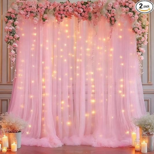 10x10ft Baby Pink Tulle Backdrop Curtain with Lights String for Parites, Sheer Photo Backdrop Curtains with Lights for Wedding Backdrop Ceremony Reception Bridal Shower Baby Shower Birthday Party