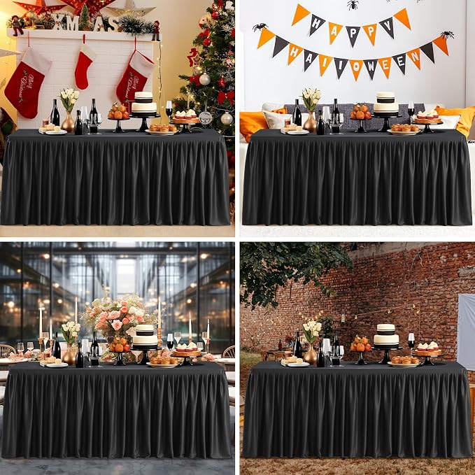 PARTISKY 1 Pack Black Tablecloths for Rectangle Tables 8ft, Wrinkle Resistant Black Table Cover Fitted Stretch Table Cloth with Pleated Ruffle Skirts for Party Banquet Dining Birthday Wedding
