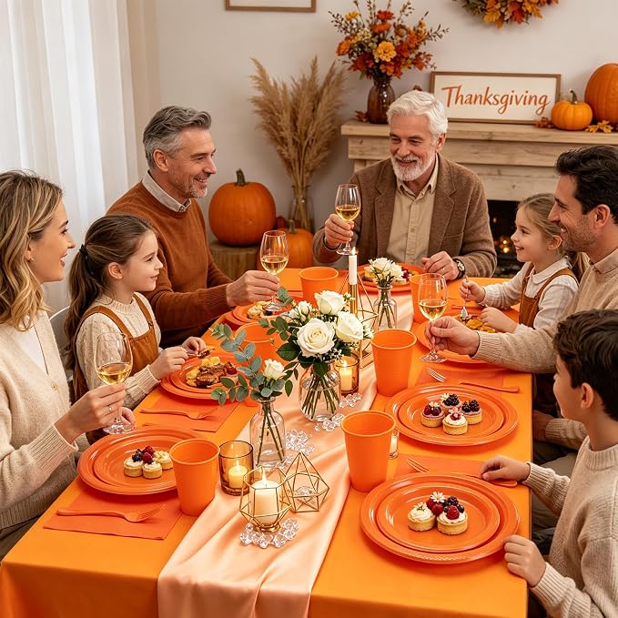 Orange Plastic Plates for Party,30 Guest Disposable Orange Party Supplies Including Dinner&Dessert Plate,12oz Cups,Cutlery,Napkins & Tablecloth Dinnerware Decorations for Birthday Fall Parties Wedding