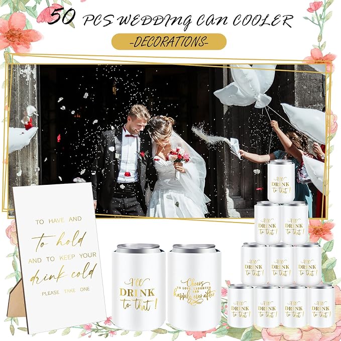 SiliFine 101 Pcs White Wedding Can Cooler Bulk Engagement Party Favors for 100 Guests Cheers to Love Laughter, and I'll Drink Can Cooler with Wooden Wedding Table Sign Bridal Shower Favor
