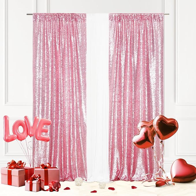 Eternal Beauty Sequin Backdrop Curtains, 2x8 Ft-2 Panels Fuchsia Pink Back Drop for Mother's Day Shimmer Photography Party Wedding Birthday Decor