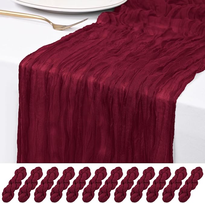 12 Pack Burgundy Cheesecloth Table Runner 120 inch Fall Thanksgiving Boho Rustic Gauze Farmhouse 10FT Cheese Cloth Runner for Baby Shower Wedding Party Holiday Home Decor
