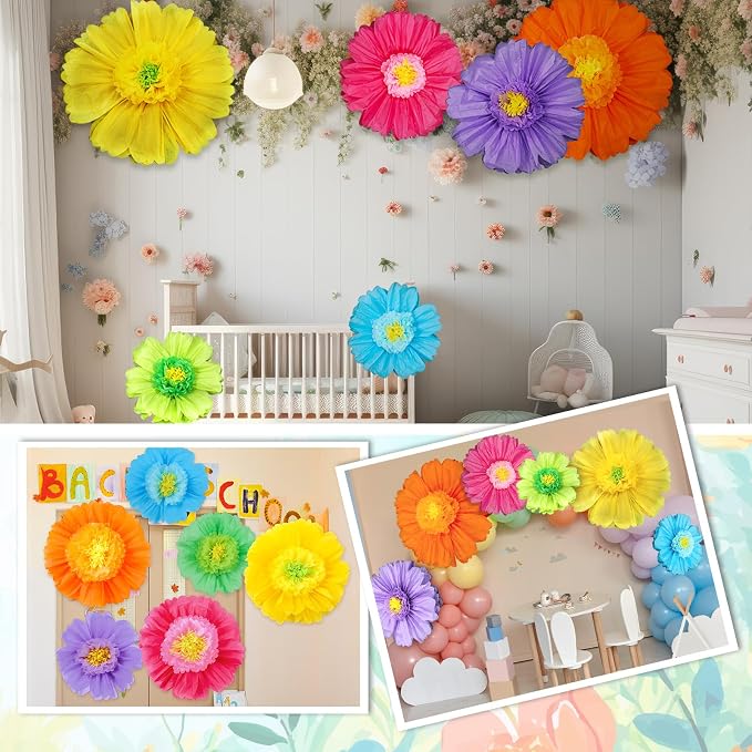 Giegxin 6 Pcs 39.3", 31.5", 24" Colorful Giant Paper Flower Mexican Extra Large Tissue Paper Flower for Wall Big Fiesta Crepe Floral Decoration for Wall Wedding Mexican Bridal Shower Tea Party Nursery