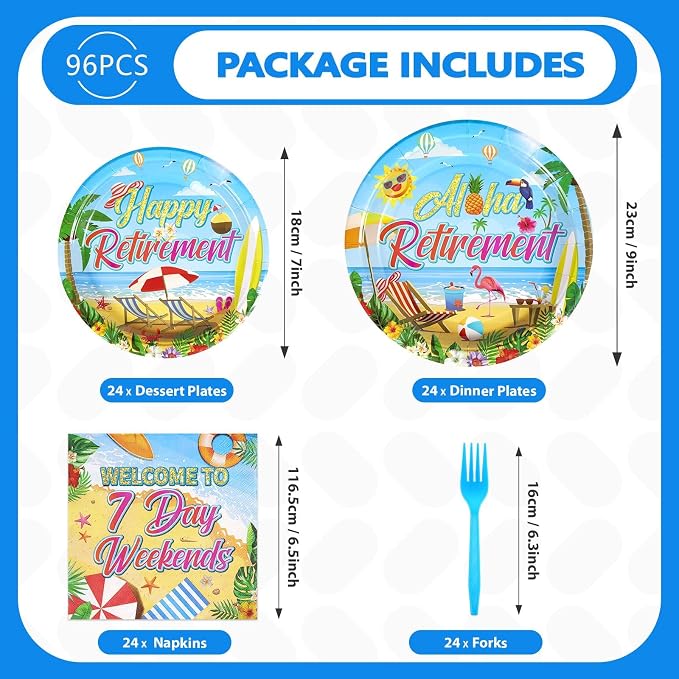Grencian 96Pcs Tropical Retirement Party Decorations Hawaiian Aloha Retirement Plates and Napkins Disposable Hawaiian Luau Paper Tableware Set for Summer Beach Theme Party Supplies, Serves 24