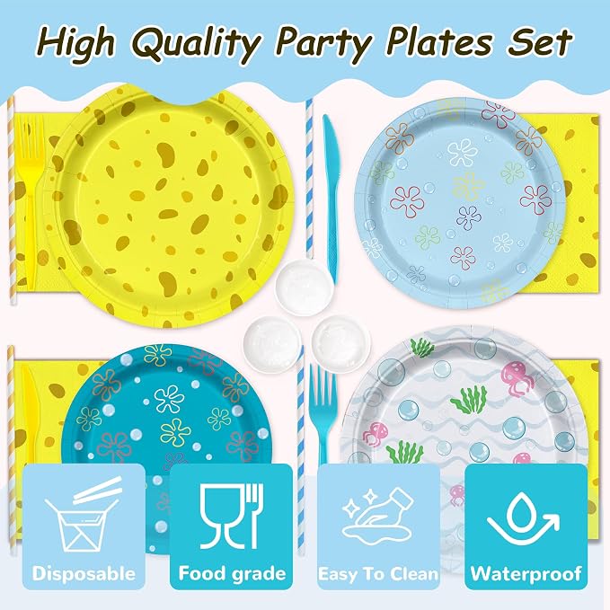 168PCS Cartoon Ocean Themed Birthday Party Supplies | Yellow Undersea Dinnerware Set Serves 24 Guests | Disposable Plates Cups Napkins Cutlery Straws for Kids Boys Girls Birthday Decorations
