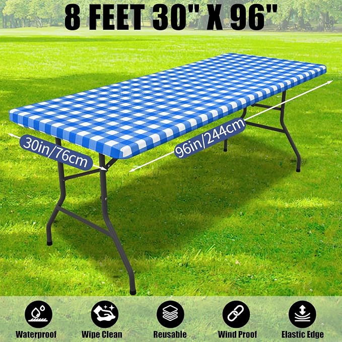 Smiry Picnic Table Cloth 6 Pack, Waterproof Elastic Fitted Tablecloths for 8FT Rectangle Tables, Washable Polyester Buffalo Plaid Tablecloth for Camping, Dining & Outdoor (Blue & White, 30" x 96")