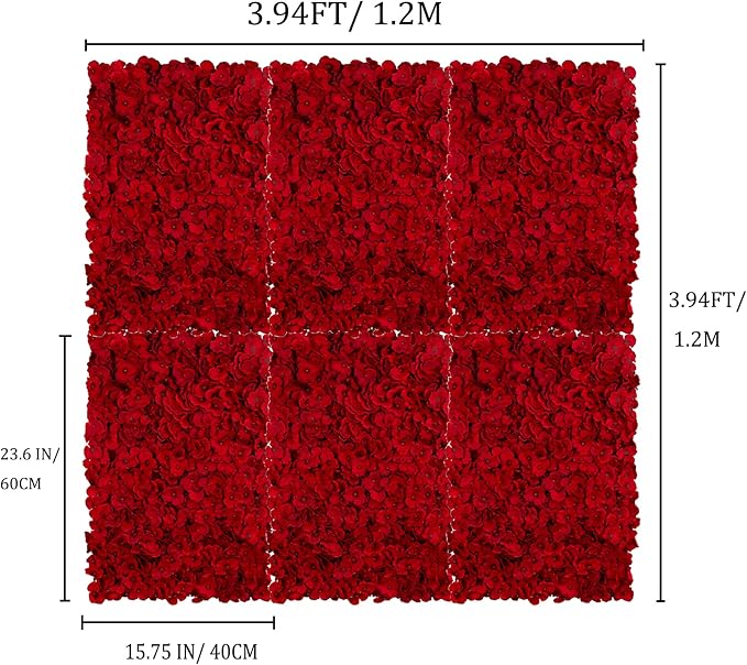 BLOSMON Flower Wall Backdrop Red - 6 Pcs 24 x 16 Inch Artificial Hydrangea Floral Panels for Wedding Party Baby Bridal Shower Decor - Fake 3D Silk Flower Backdrop Decoration