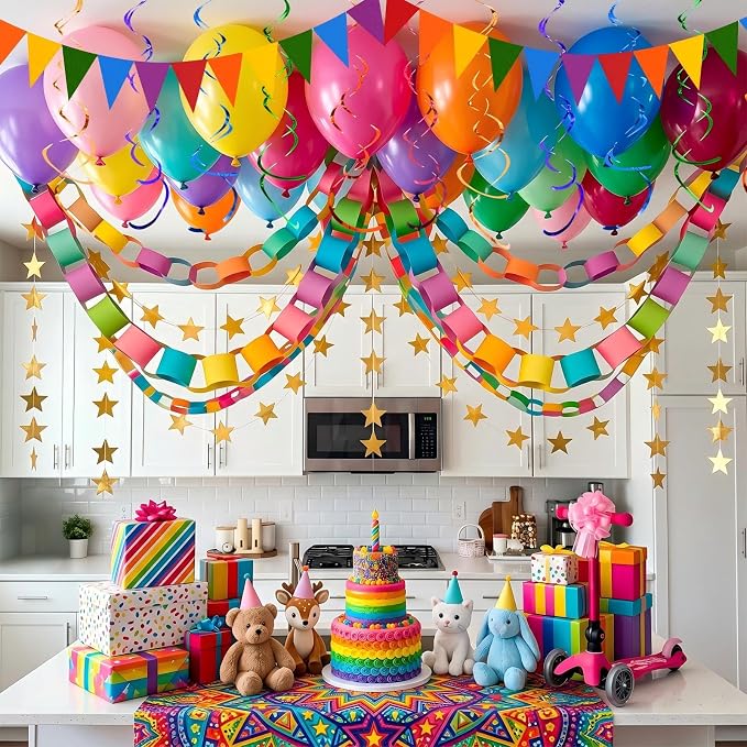 TaoBary Birthday Party Decor Kit 600 Sheet Paper Chain Garland Strips 656ft Crepe Paper 52ft Star Garland 52ft Felt Pennant Flag rainbow Ceiling Swirls 50 Balloons for DIY Birthday Wedding Party