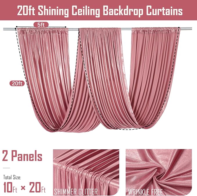 gogoparti 10x20FT Rose Gold Shimmer Backdrop Curtains for Weddings Parties - 2 Panels of Extra Long 5x20FT Drapes, Includes Dual Pole Pockets, Wrinkle-Free Fabric for Party, Tent Decoration