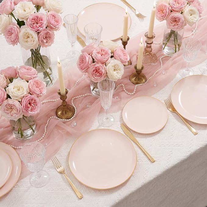 bUCLA 200PCS Pink Plastic Plates - Heavy Duty Pink Disposable with Gold Rim - Include 100 Each (10 inch Dinner & 7 inch Dessert) Plates, Ideal for Party & Wedding