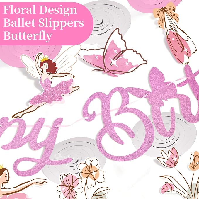 SUNBEAUTY Ballerina Birthday Party Decorations Pink Ballet Girls Happy Birthday Banners Ballet Themed Hanging Banner Flower Garland Wall Ceiling Decor for Girls Tutu Dance Party Supplies
