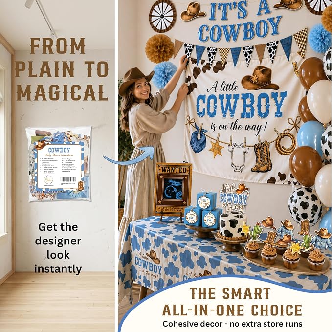 Premium Cowboy Baby Shower Decorations for Boy, A Little Cowboy is on the Way Decorations, Western Baby Shower Decor with Backdrop, Balloons, Banner, Table Decor, Sash, Photo Props, and More