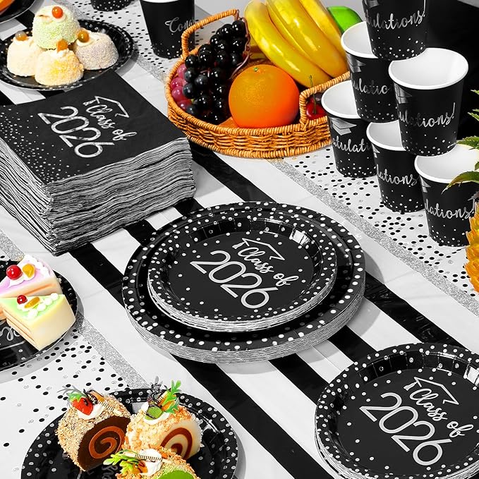 354Pcs Black and Silver Graduation Decorations Set,2026 Graduation Party Supplies Serves 50,Includes Congrats Grad Banner Paper Plates Cups Napkins Tablecloths Tableware for Class of 2026