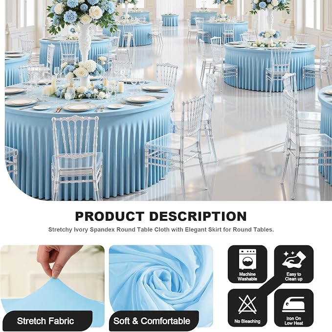 2 Pack Baby Blue 60 inch Round Spandex Tablecloth, Washable Stretchy Fitted 5FT Round Tables,Elastic Edge with Skirt, Wrinkle-Free Table Cloths for Wedding Banquet Party Birthday Buffet