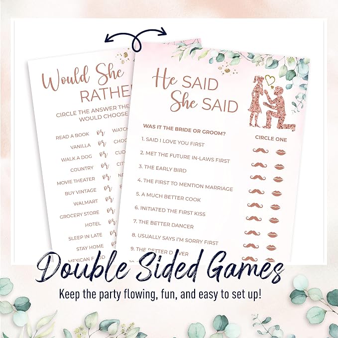 Prestige Bridal Shower Games (32 Guests) | 5 Wedding Games, Rose Gold Decorations Greenery Theme, Would She Rather, He Said Bingo, Rustic Advice Cards, Emoji Favors Prizes Decor (32 Set)