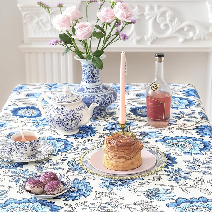 ISAENNE Designer French Linen Rectangular Tablecloth,118"x67"-Blanch | Chinoiserie Vintage Elegant Long Table Cloth Rectangle Table,Blue Floral Pattern,Beautiful,Dining,Kitchen,Thanksgiving