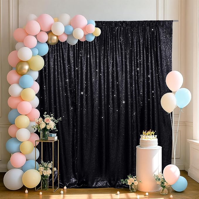 SquarePie 6x6ft Black Sequin Backdrop for Photography, Satin-Backed Real Sequin Curtain, Enhanced Coverage Shimmering Background with 4" Rod Pocket for Wedding, Birthday, Party Decor, 1 Panel