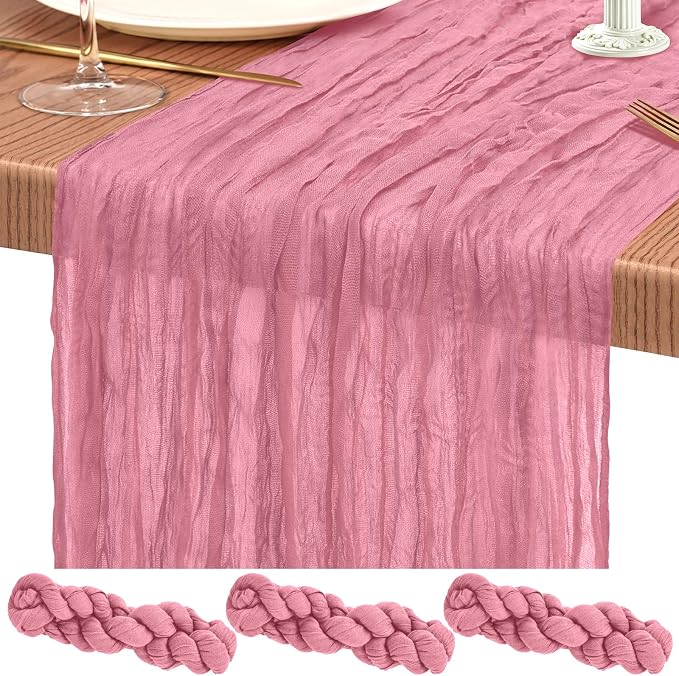 3 Pack Cheesecloth Table Runner 10FT Dusty Rose Table Runner Boho Gauze Cheese Cloth Table Runners Long Rustic Sheer Table Decorations for Wedding Party Baby Bridal Shower Birthday Holiday Home