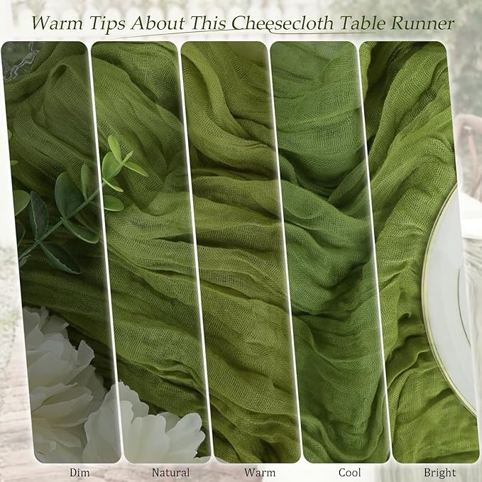 10 Pack Olive Green Cheesecloth Table Runner 17x108 Inch Semi Sheer Boho Rustic Gauze Cheese Cloth Table Runners for Wedding Party Birthday Baby Shower Home Décor