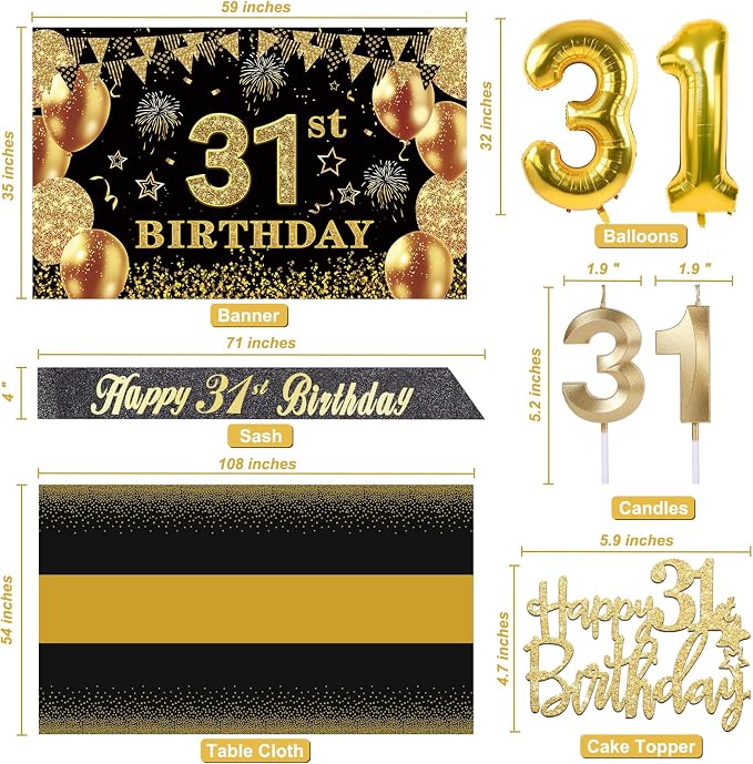 31st Birthday Decorations Men Women with 31st Birthday Banner, Black and Gold Table Cloth, Number Balloons, Large Sash, Cake Topper and Candles