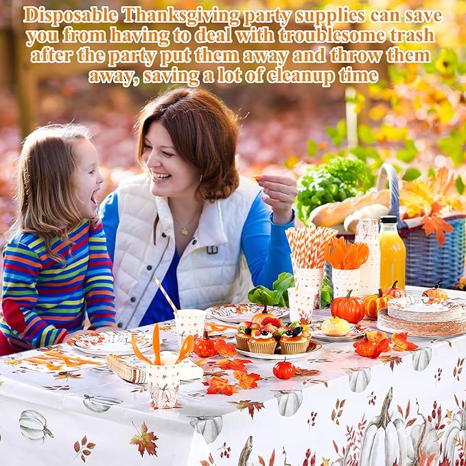 Funnymoom 452 Pcs Fall Thanksgiving Party Supplies Tableware Set for 50 Guests, Fall Pumpkin Maple Leaf Paper Plates and Napkins Cups Tablecloth Cutlery Straws for Autumn Harvest Party Decoration