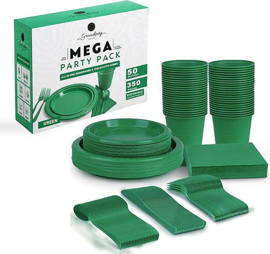 Grandipity 350 Piece Green Disposable Dinnerware Set, Includes 50 of Each: 9" Dinner Plates, 7" Dessert Plates, 12oz Cups, Paper Napkins, Forks, Knives & Spoons
