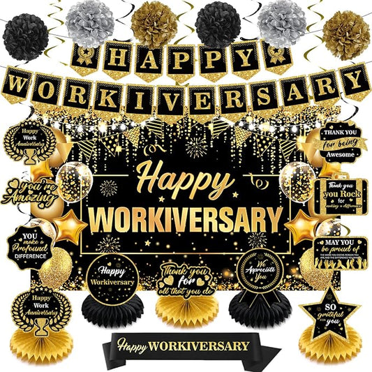 Black Gold Happy Workiversary Decorations Happy Work Anniversary Banner Honeycomb Centerpieces Hanging Swirls Tissue Paper Pompoms Sash Set for Men Women Office Employee Appreciation Party Supplies