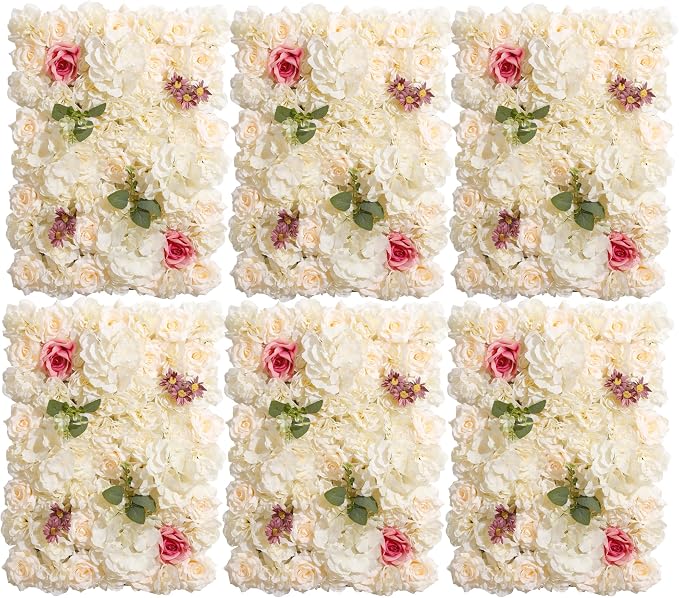 3D Flower Wall Backdrop - 6Pcs 16×24 Inch Artificial Rose Panels Champagne Silk Floral Decor for Home Party Wedding Anniversary Birthday Photographic Studio Background & Decorative Fences