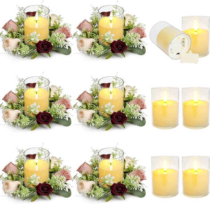 6 Sets Rose Candle Rings Wreaths - Artificial Flowers Rings with Green Leaves LED Flameless Candles for Centerpiece Wedding Home Banquet Party Decor, Burgundy Pink Champagne