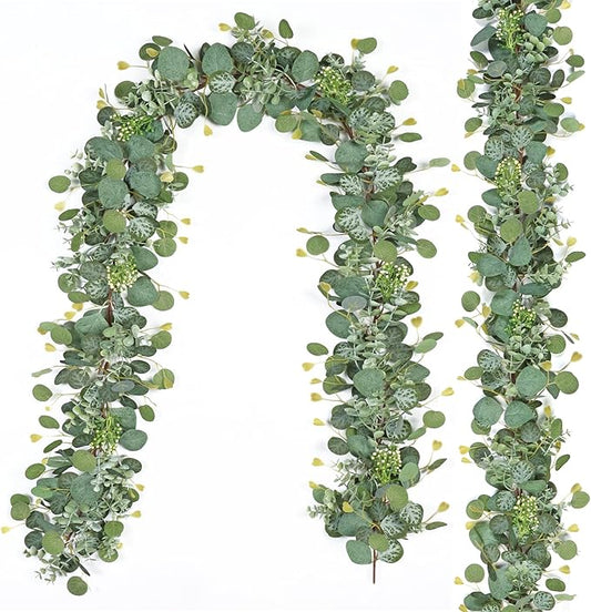 2PCS Eucalyptus Garland,5.9FT Artificial Greenery Garland with Berries,Green Spring Garland Decorations,Fake Silver Dollar Eucalyptus Leaves Wreath Garland for Table Home Mantle Wedding Decor