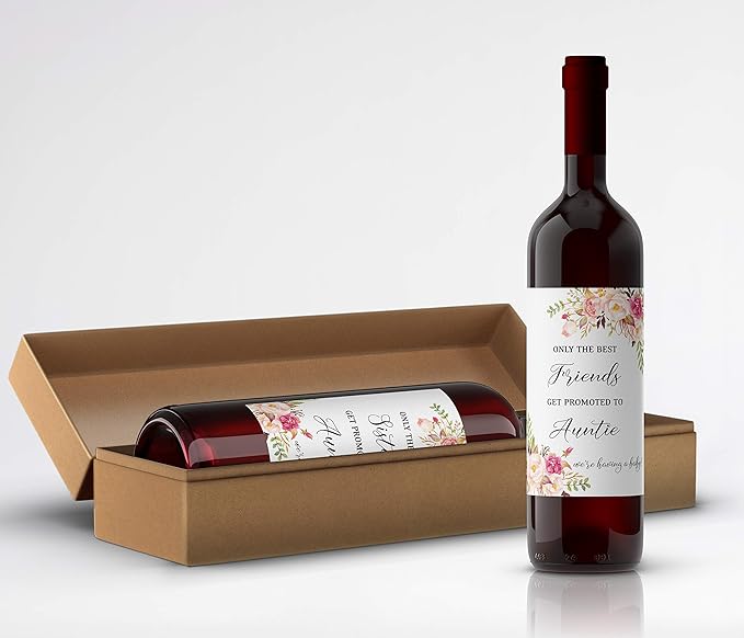 FAMILY & FRIENDS Pregnancy Announcement Wine Labels ● SET of 6 ● 2 Best SISTERS + 4 Best FRIENDS Get Promoted to AUNTIE Label, Baby Reveal Card alternative, Waterproof (Floral)