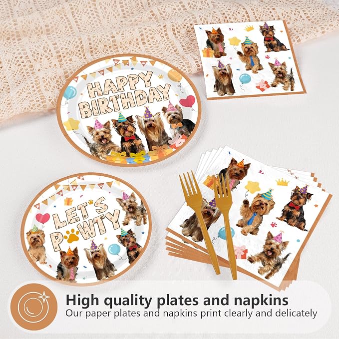 96 Pcs Yorkshire Terrier Birthday Party Decorations Yorkie Dog Theme Plates and Napkins Golden Let's Party Tableware Set for Animal Puppy Dog Birthday Party Supplies, Serves 24