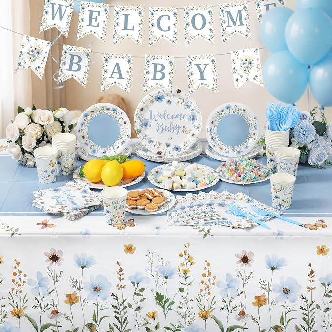 LemonRoad 128 Pcs Blue Floral Baby Boy Shower Party Decorations for 25 Guests, Wildflower Welcome Baby Shower Paper Plates Napkins Cups Tablecloth Forks Banner for Spring Gender Reveal Party Supplies