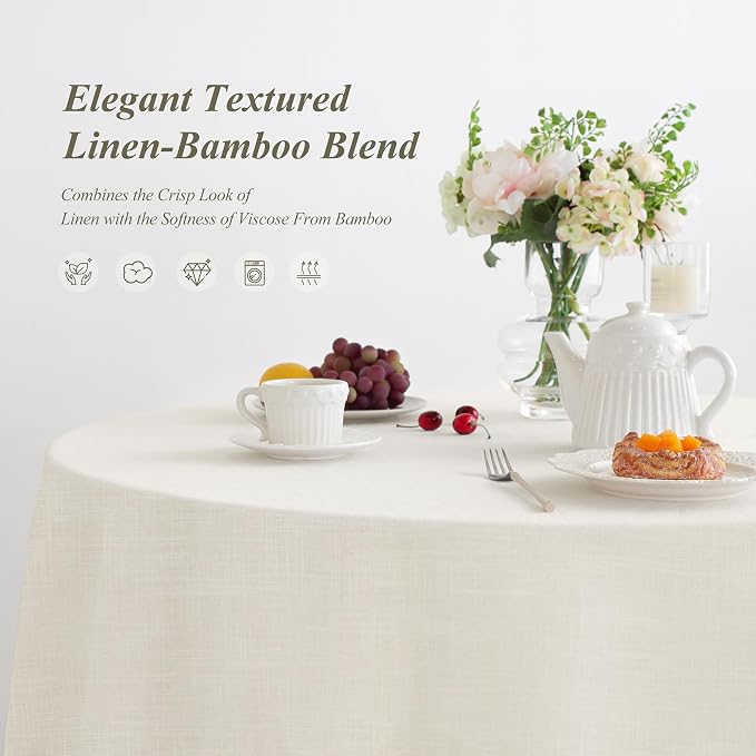Linen World Round Linen Blend Tablecloth 90" Inch,Linen Loook Soft Cool & Breathable,Machine Washable Natural Table Cloth for Dining, Kitchen, Outdoor, Easter-Creamy White