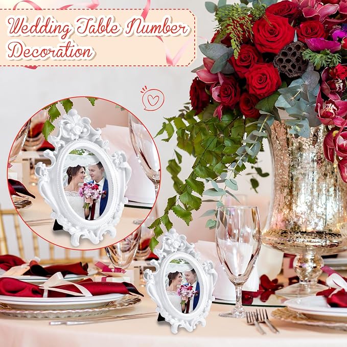 Maitys 5 Pcs Mini Picture Vintage Frames with Stands Tiny Antique Photo Baroque Ornate Resin Oval Frame Table Top Display Home Wedding Decor (White)