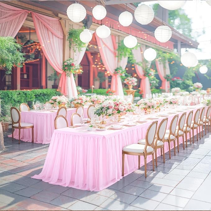 Pink Tablecloth for 6 Foot Rectangle Table, Tulle Skirt Cover 6ft Wedding Cloth for Parties Baby Shower Tutu Ruffle Desk Skirt Bridal Shower Banquet Decoration