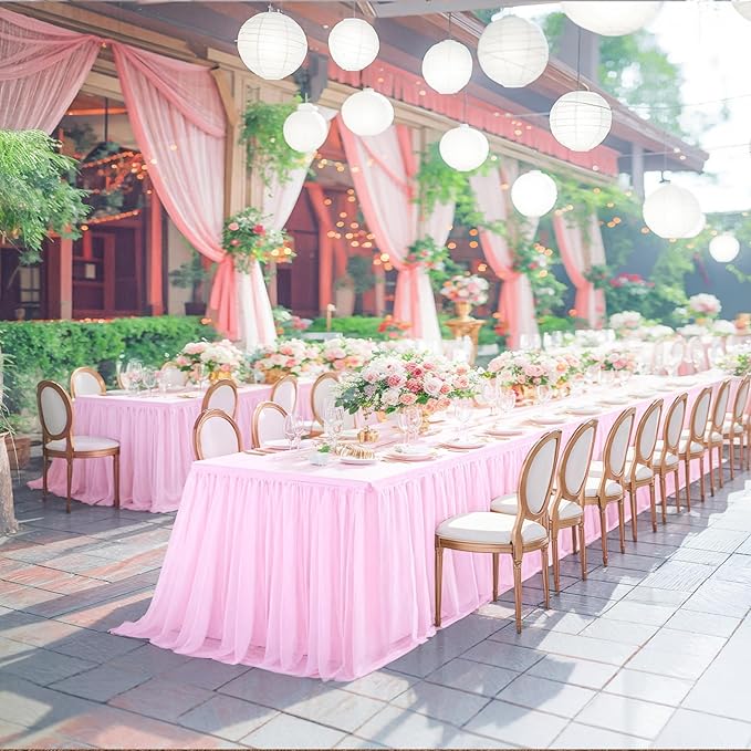 Light Pink Tablecloth for 6 Foot Rectangle Table, Baby Pink Tulle Tutu Tables Skirt Party Table Cover 6ft Baby Shower Banquet Dessert Wedding Pink Tables Cloths Ruffle Bridal Shower