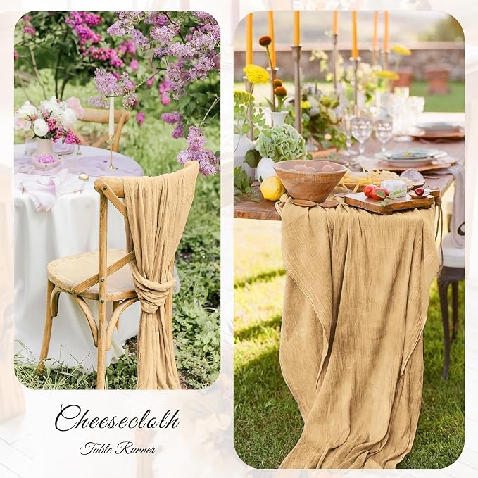 12 Pack Beige Cheesecloth Table Runner 21x120 Inches, Boho Gauze Rustic Semi Sheer Cheese Cloth Table Runners for Easter Spring Wedding Bridal Baby Shower, Birthday Party, Long Farmhouse Table Decor