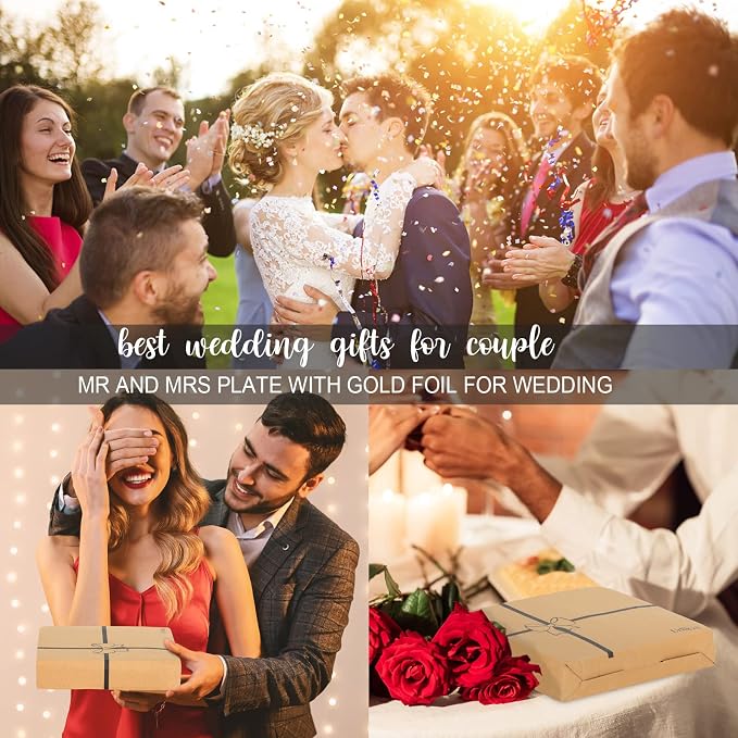 Urllinz Best Anniversary Wedding Gifts for Couples Unique 2026 - Mr and Mrs Plate with 24k Gold Foil Decorations, Newlywed Bridal Shower Engagement Gift for Her Him, Ceramic 9"