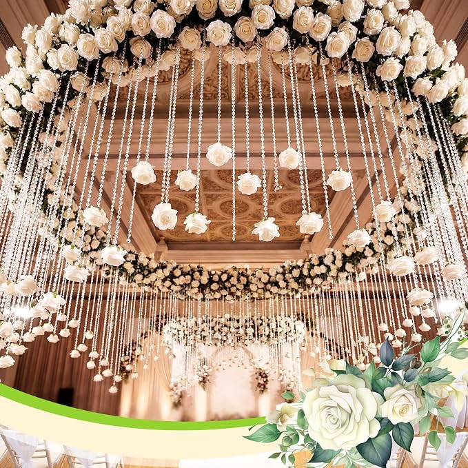 Norme 16pcs 31.4 Inch Wedding Rose Hanging Garland Crystal Beaded String Garland Artificial Rose Flower Decor for Wedding Engagement Bridal Shower Party Valentine's Day Party Decorations