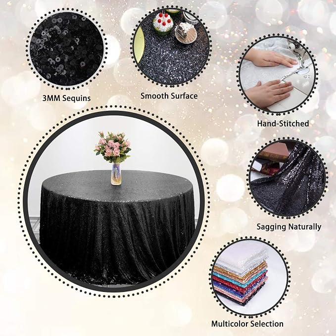 132 Inch Round Black Sequin Tablecloth, Metallic Large Glitter Sparkle Table Cloth for Dining Banquet Table, Sequin Table Linen for Wedding Graduation Party Decorations