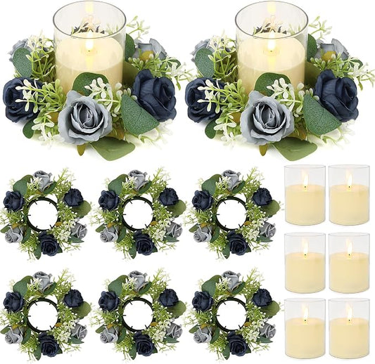 Blue Rose Candle Rings with Flameless Candles Sets - 12PCS Artificial Flower Eucalyptus Wedding Centerpiece 3 Inch Pillar Candleholders Wreaths for Wedding Party Decor (Dusty Blue &Silver Rose)