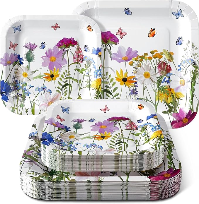 Umigy 100 Pcs Wildflower Paper Plates Flower Dinner 9'' Floral Disposable Paper Plates 7'' Square Dessert Set for Dinner Birthday Wedding Baby Shower Party Tableware (Sweet Color)