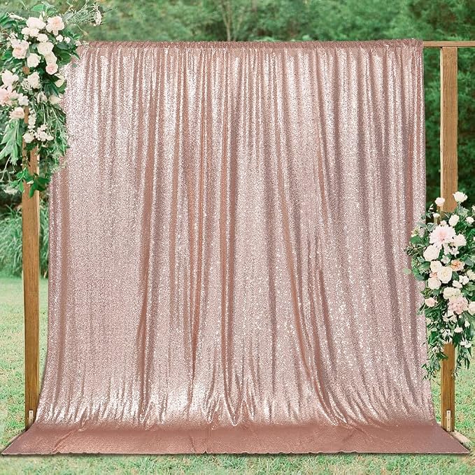 PartyDelight Rose Gold Sequin Backdrop Curtains 6x8ft | 3mm stitched sequin curtain with 4 inch rod pocket for 6x8ft photo booth wall ceremony backdrop party wall and stage display
