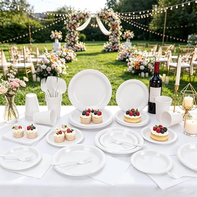 White Plastic Plates for Party,Disposable White Party Supplies,30 of Each 9" Dinner,7" Dessert Plate,Napkins,Cups,Forks and 1 Tablecloth Dinnerware for Birthday Wedding All Occasion