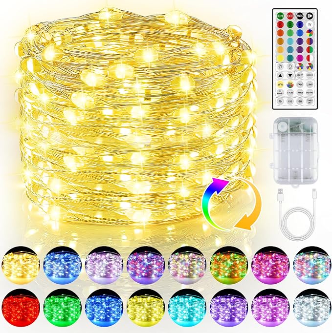 OMIKA 16.5ft 50 LEDs Battery Operated Fairy Lights, 24 Colors +Warm White USB Powered String Lights, with Remote Timer Waterproof Twinkle Lights for Room Garden Patio Indoor Outdoor Decor(150 Modes)